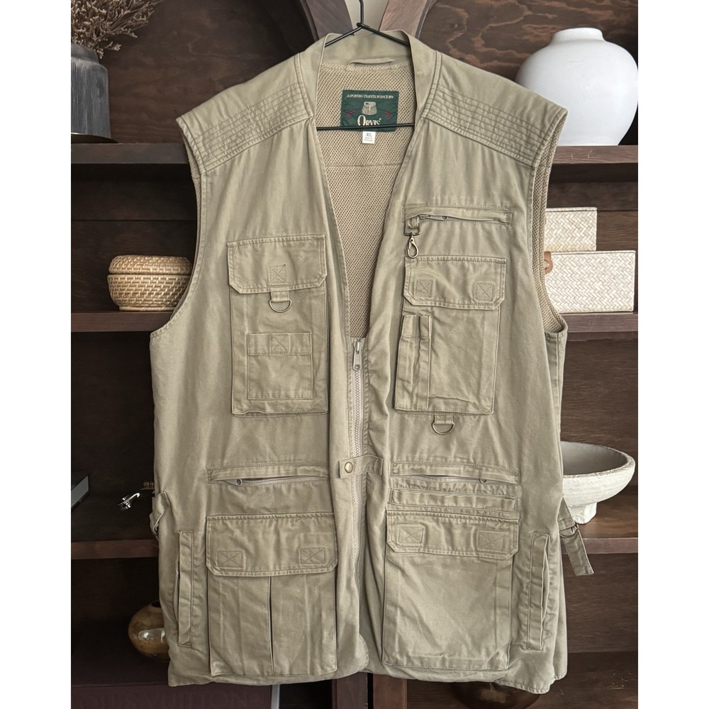 Vintage Orvis Fishing Vest Mens XL Tan Fly Field Safari Multi Pocket Mesh